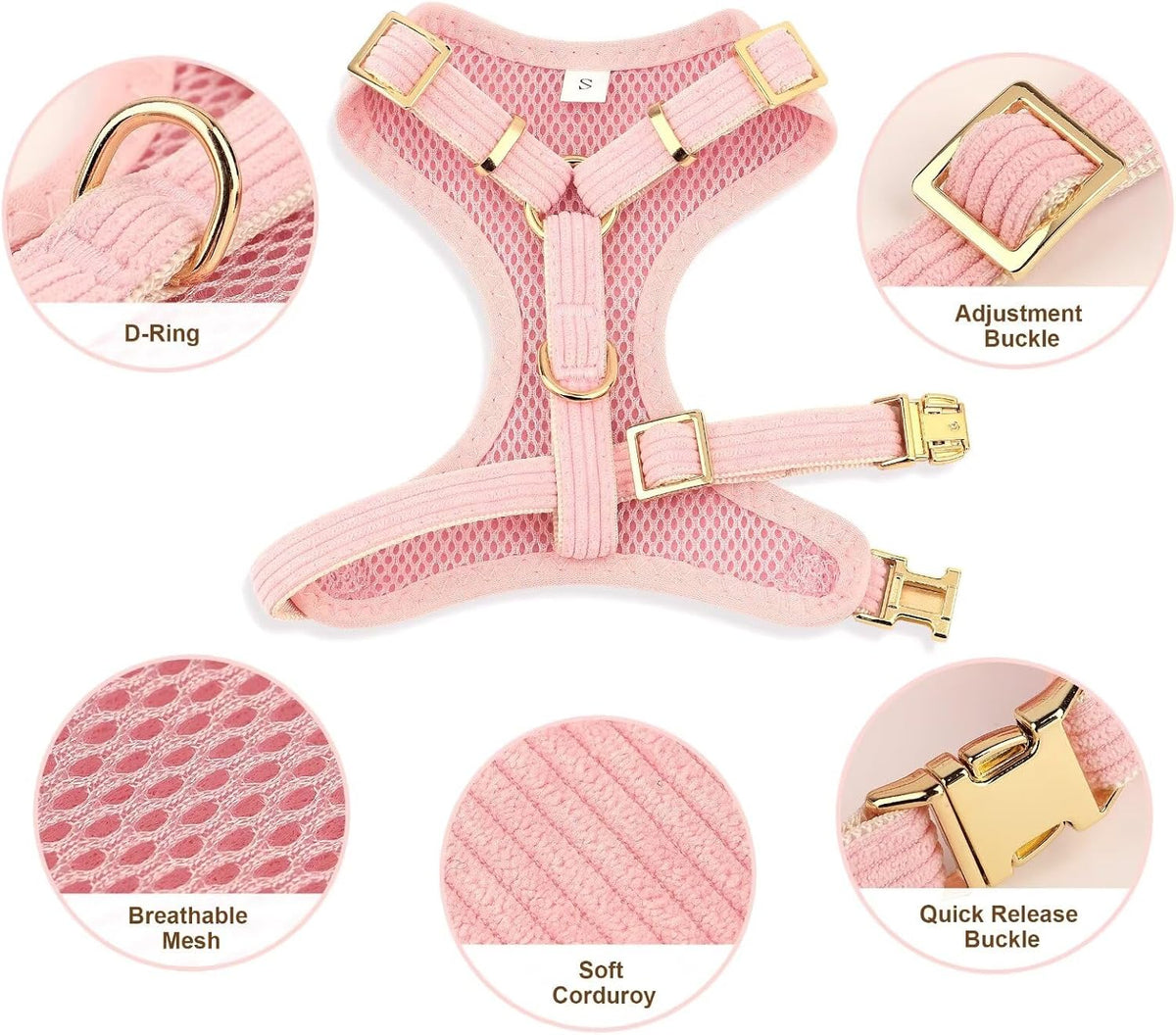 Cute Small Dog Collar Harness & Leash Set, Adjustable Dog Collars and Leashes with Bowtie, Breathable Soft Mesh Padded Dog Vest for Puppies Small Dogs Walking,Pink, S