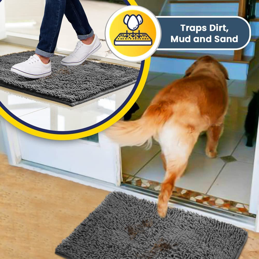 ® Shown on TV – Super Absorbent Microfiber Dog Door Mat for Muddy Paws, Non-Slip Washable Pet Rug, Quick Dry Chenille Entryway Carpet, Machine Washable Indoor Outdoor Mat, Grey 30"X19"