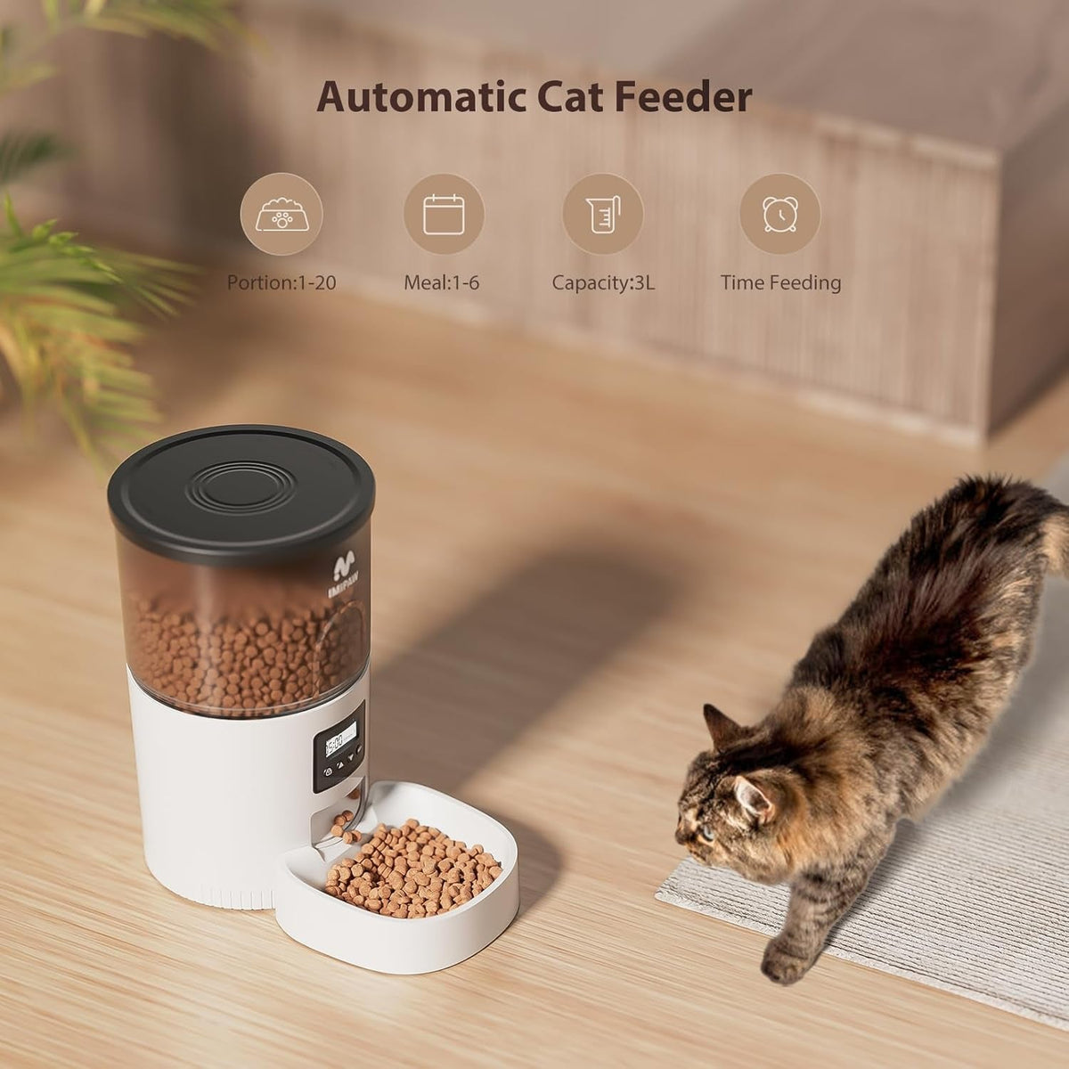 Automatic Cat Feeders, 3L Timed Cat Dry Food Dispenser, Dual Power Supply, Programmable Portion Size, 1-6 Meals per Day, Auto Pet Feeder for Cats and Small Dogs