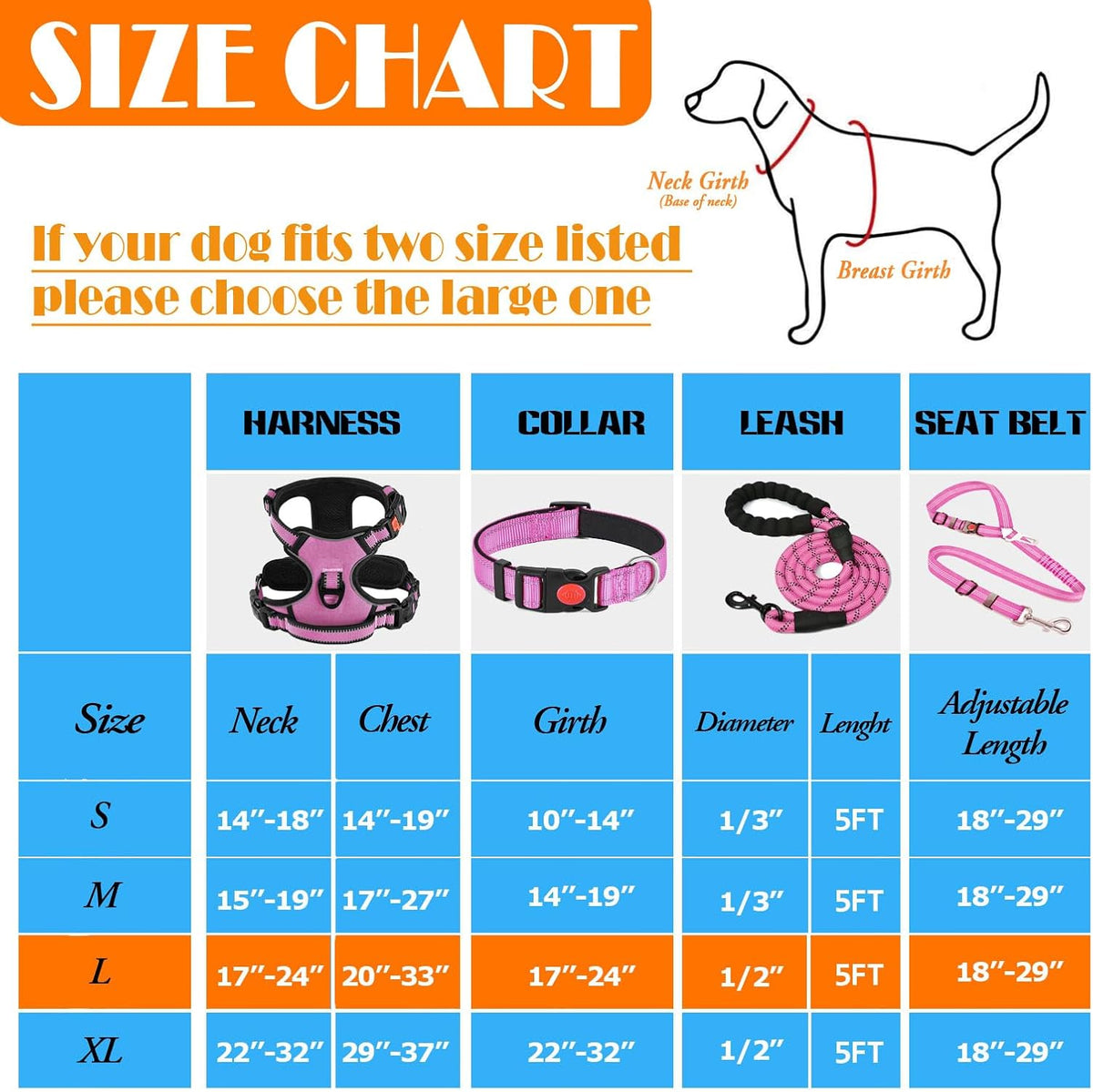 No Pull Dog Harness, Collar & Leash Set | Includes Dog Seat Belt, Collapsible Bowls & Poop Bag Dispenser. Ideal for Training, Walking, Hiking. Fits Small to Large Dogs(Pink-L)