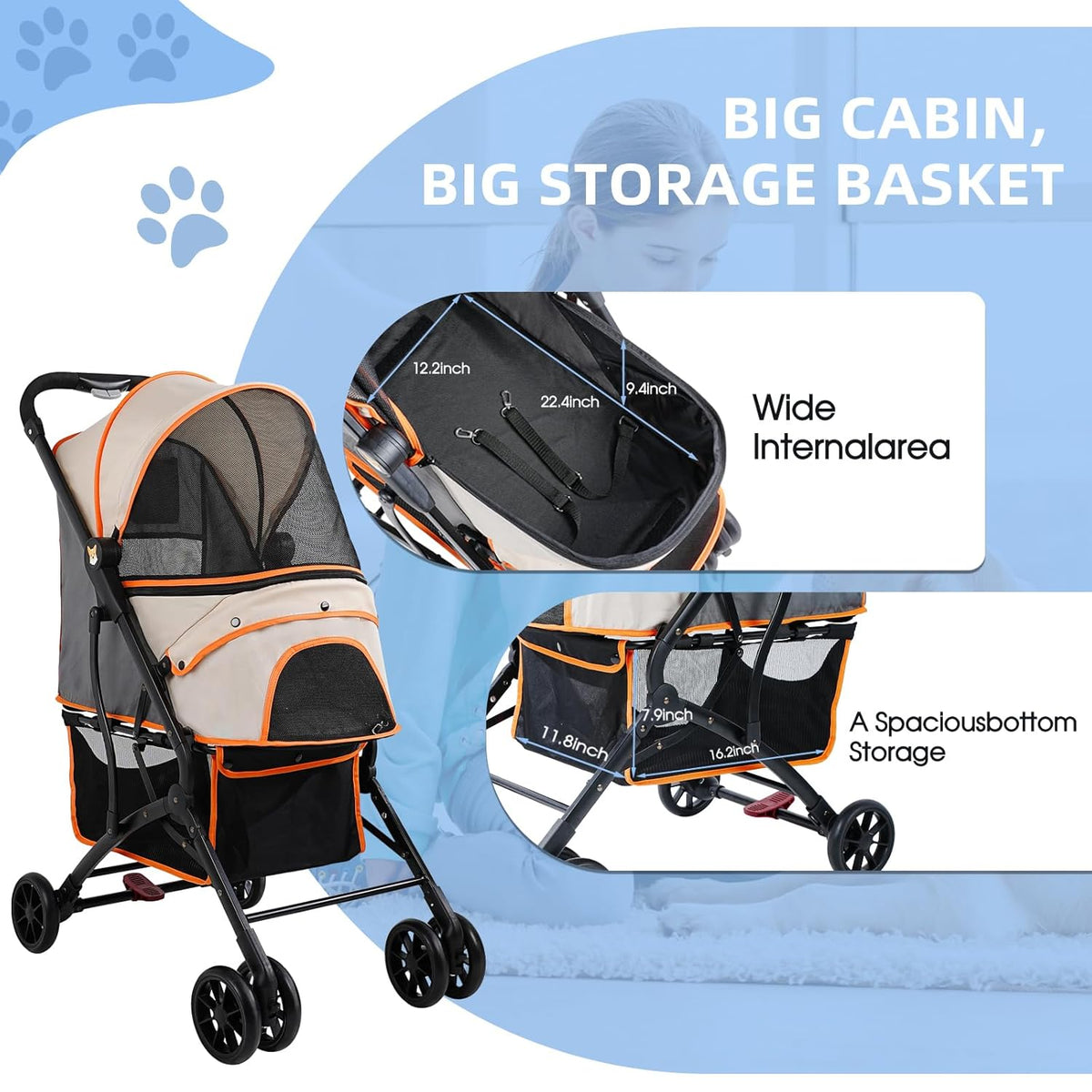 4 Wheels Dogs Cats Stroller for Small Medium Dogs Cats Pets up to 35 Lbs，Foldable Dog Cat Stroller Jogger Travel Stroller with Storage Basket and Cup Holder, Yellow