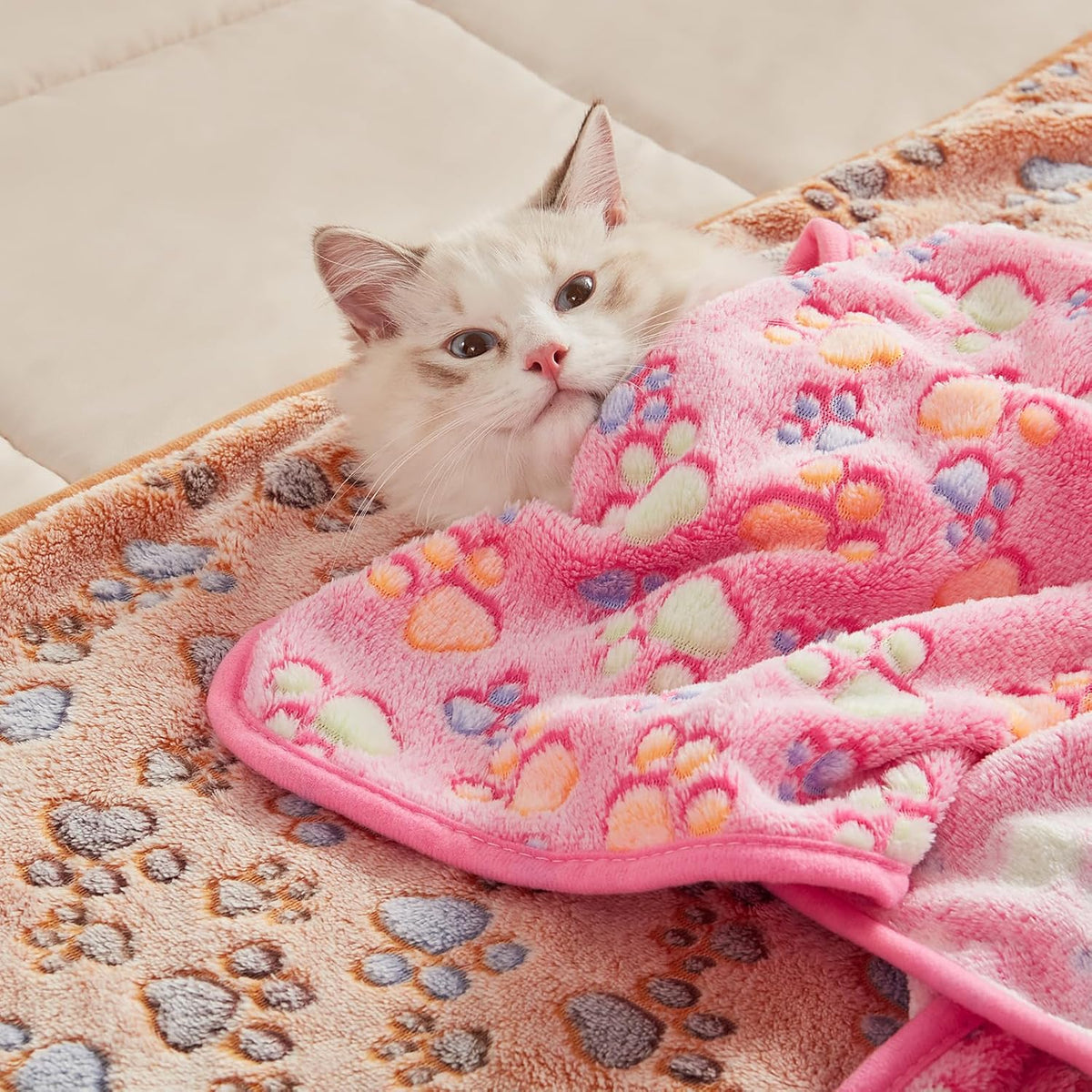 1 Pack 3 Blankets Super Soft Fluffy Premium Fleece Pet Blanket Flannel Throw for Dog Puppy Cat Paw Brown/Pink/White Small(23X16 Inch)