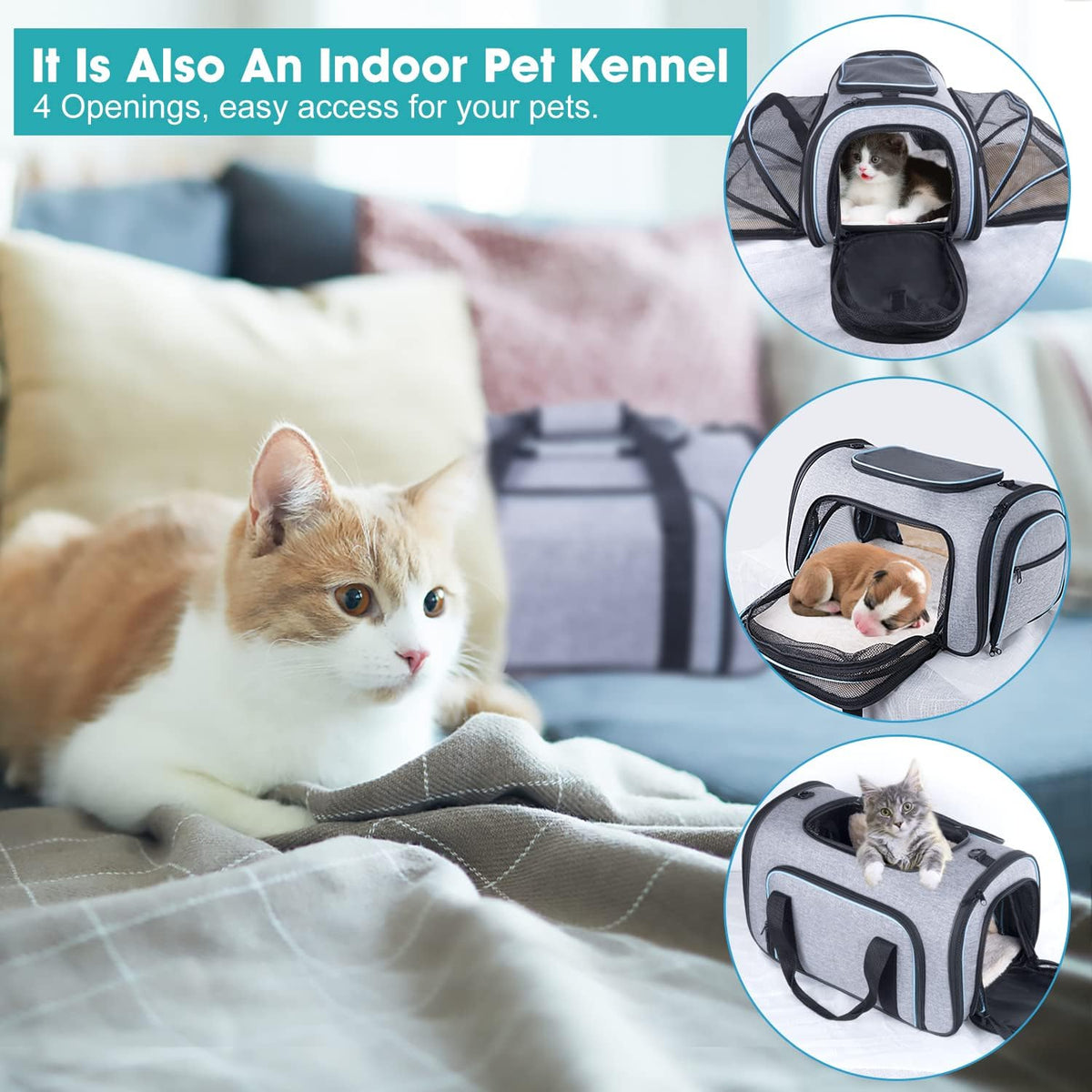 4 Way Expandable Pet Carrier, Airline Approved Collapsible Cat Soft-Sided Carriers W/Removable Fleece Pad for Cats, Puppy, Small Dogs (18"X 11"X 11")