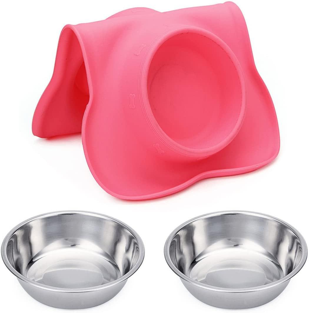 Pet Dog Bowls 2 Stainless Steel Dog Bowl with No Spill Non-Skid Silicone Mat + Pet Food Scoop Water and Food Feeder Bowls for Feeding Small Medium Large Dogs Cats Puppies (S, Pink)