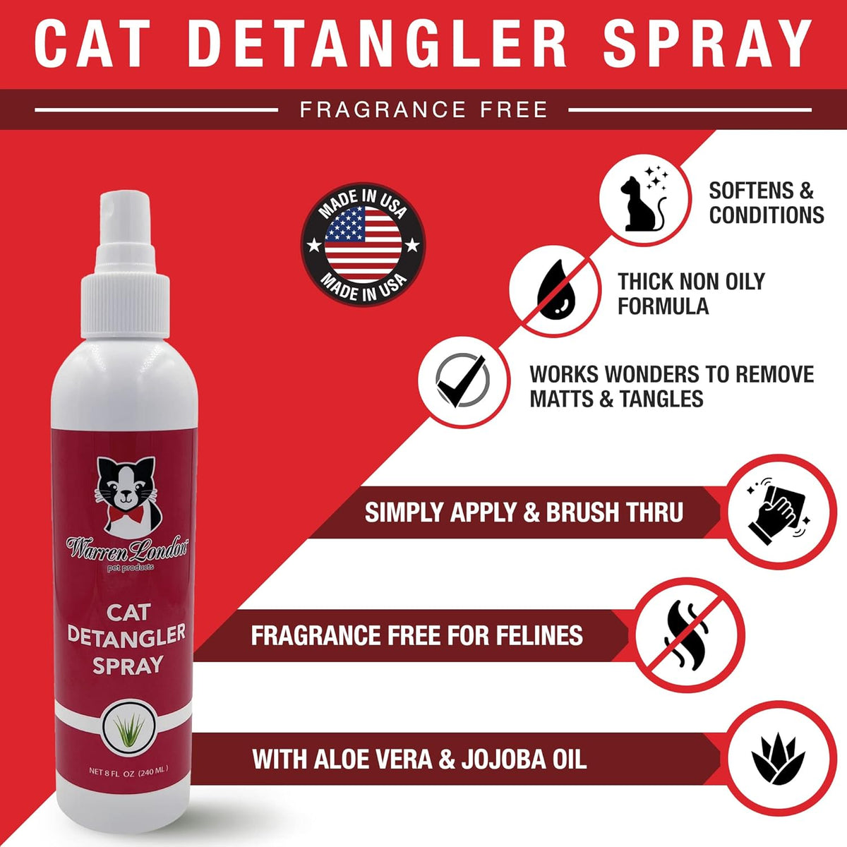 Cat Detangler Spray for Matted Hair | Leave in Conditioner Pet Detangling Spray That Demat & Refreshes | Use with Cat Brush or Grooming Glove | Made in USA | 8Oz