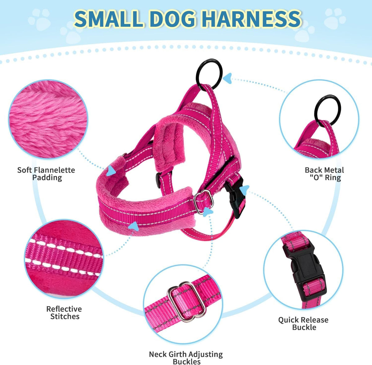 No Pull Small Dog Harness and Leash Set, Puppy Soft Vest Harness Neck & Chest Adjustable, Reflective Lightweight Harness & Anti-Twist Pet Lead Combo for Small Medium Dogs (Fuchsia, XXS)