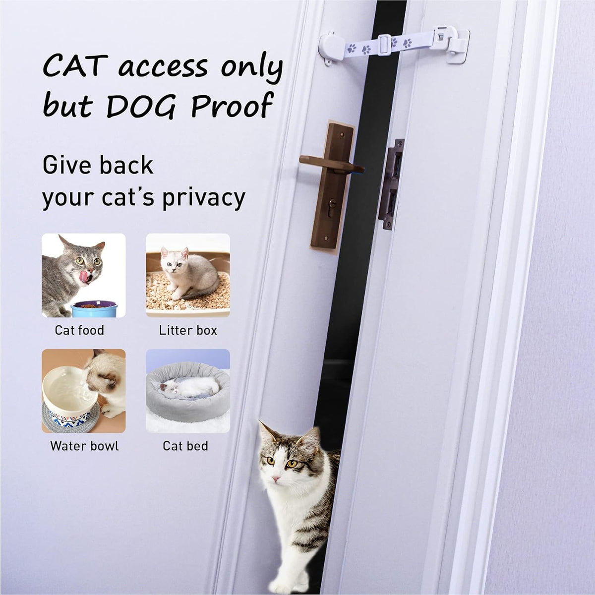 Adjustable Door Strap and Latch, Textile Cat Door Latch to Keep Dog Out of Litter Box, Economical Alternative of Pet Gates and Interior Cat Door, Basic 1 Pack