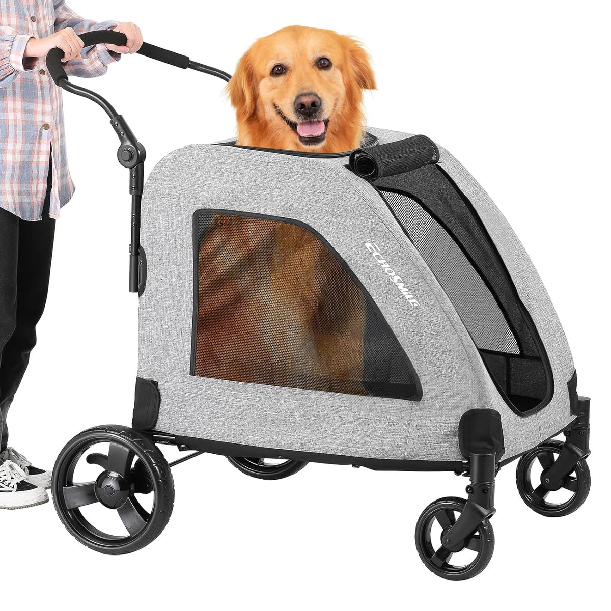 XL Extra Large Dog Stroller - Adjustable Handles,Lightweight Folding Pet Stroller,All-Terrain 4 Wheel for 2 Medium Dogs,Dual Entry Safety Dog Stroller,Capacity 160 Lbs,Gray