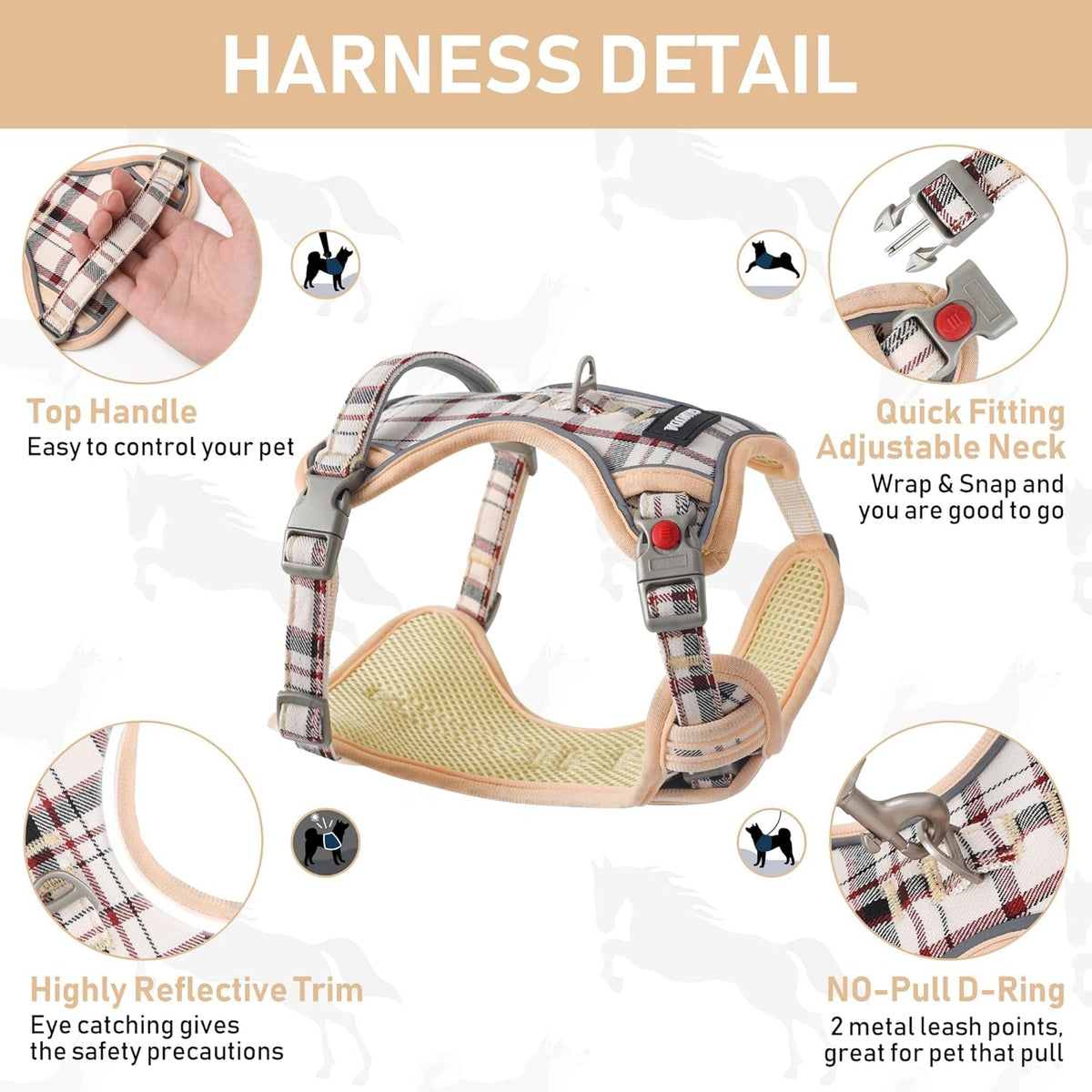 Dog Harness Collar and Leash Set, Dog Harness, No Chock No Pull Adjustable Vest Harnesses Plaid Reflective for Medium Dog, Cat, Small Horse, Small Bull and Pig (Beige, M)