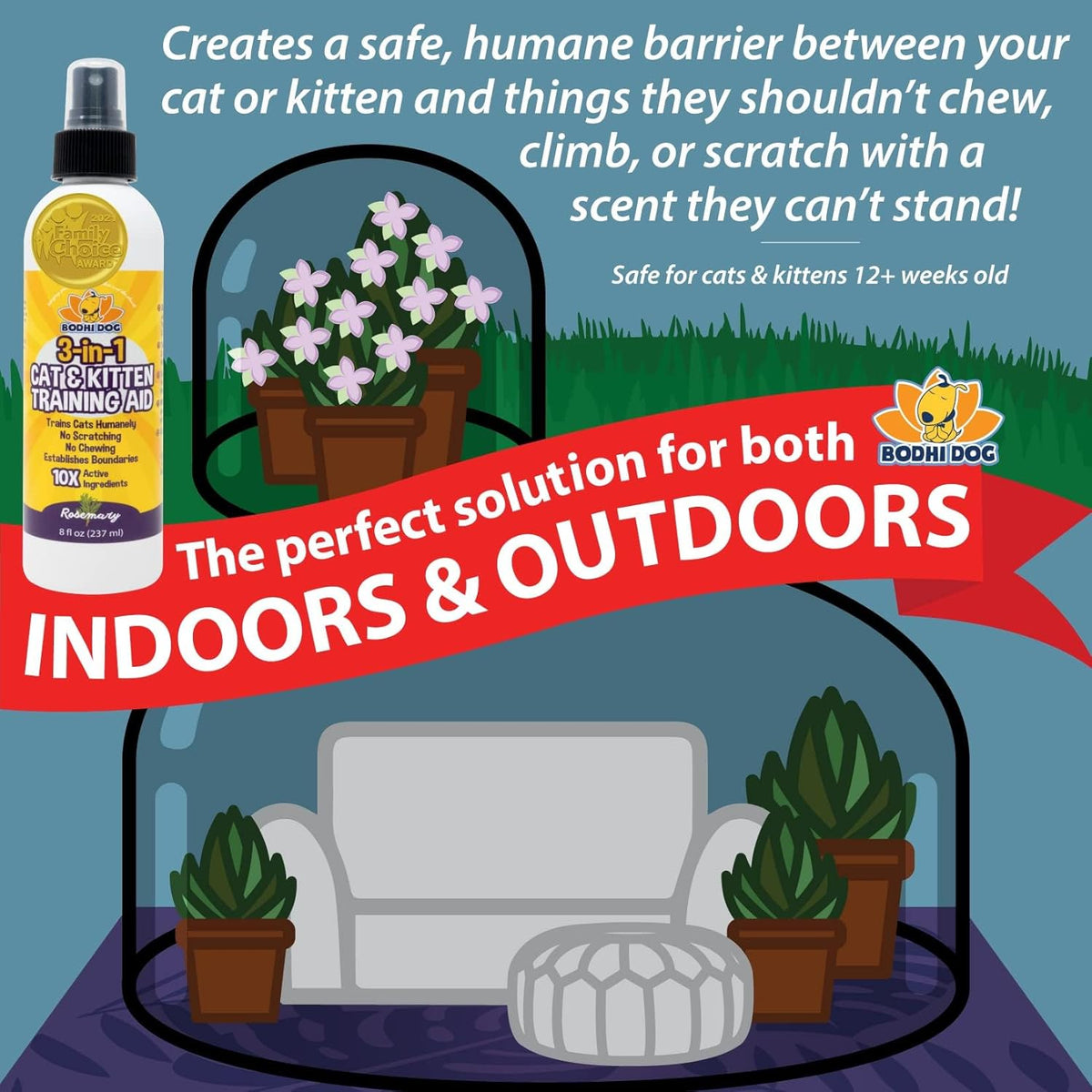 3-In-1 Cat & Kitten Training Aid - Cat Deterrent Spray for Indoor and Outdoor Use - Protect Furniture, Rugs and Plants - Establish Boundaries & Keep Felines off - Made in USA (8 Fl Oz)