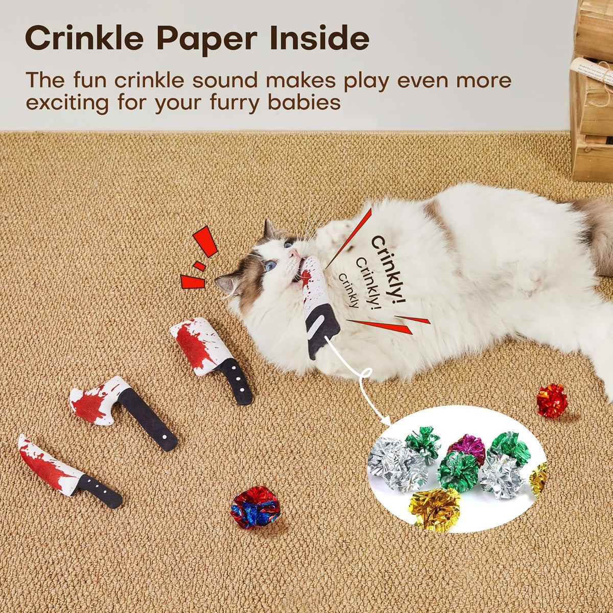 4Pcs Cat Toys Catnip Crinkly Sound Toy, Horror Knife-Shaped Kitten Bite Kicker Toys, Indoor Exercise 7.5 Inches for All Breeds