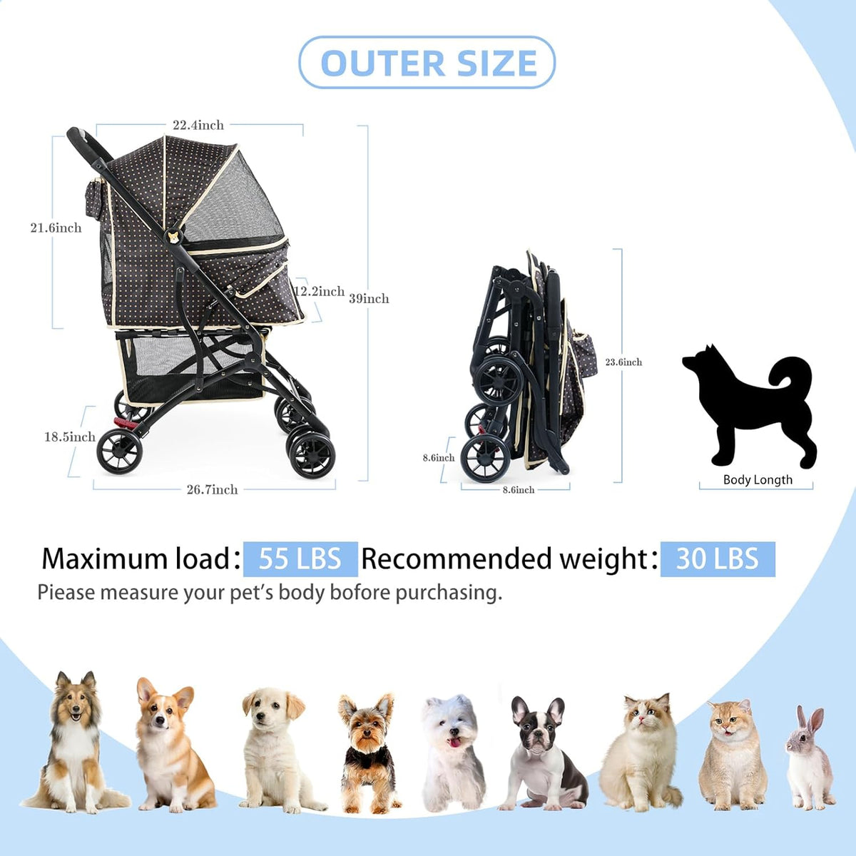 4 Wheels Dogs Cats Stroller for Small Medium Dogs Cats Pets up to 35 Lbs，Foldable Dog Cat Stroller Jogger Travel Stroller with Storage Basket and Cup Holder, Polka Squares