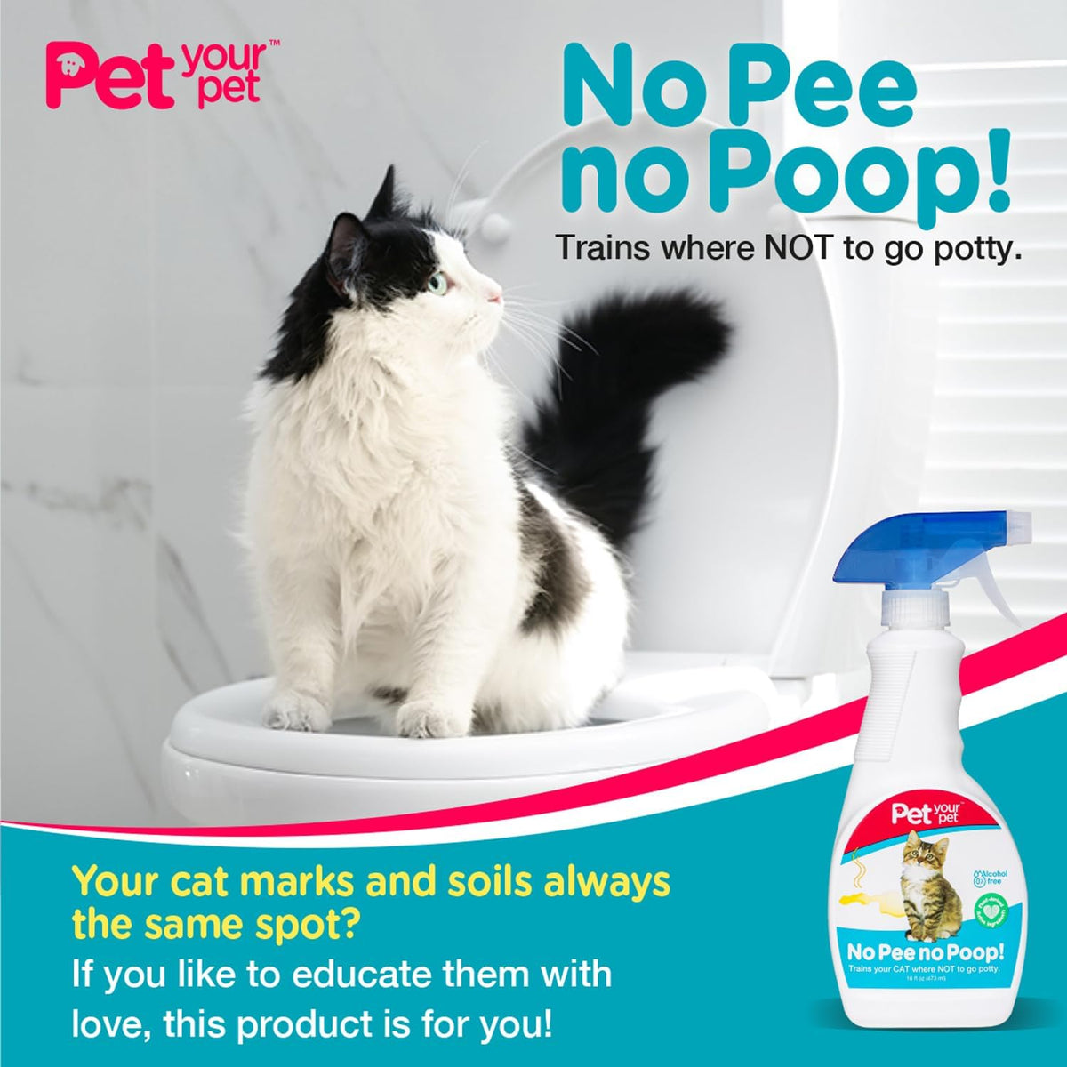 No Pee No Poop Cat Potty Training Spray, 16 Fl Oz – Non-Toxic Cat Spray Deterrent for Urine/Marking/Pooping – Natural Cat Pee Deterrent Spray – Indoor/Outdoor Keep off Cat Spray