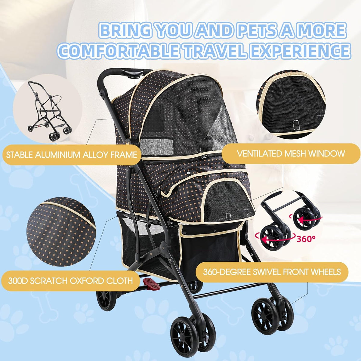 4 Wheels Dogs Cats Stroller for Small Medium Dogs Cats Pets up to 35 Lbs，Foldable Dog Cat Stroller Jogger Travel Stroller with Storage Basket and Cup Holder, Polka Squares