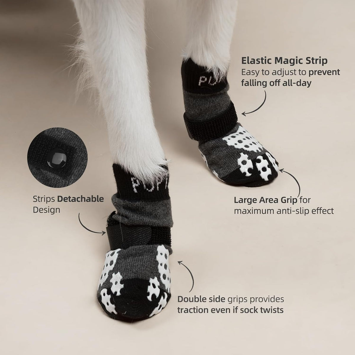 Anti-Slip Dog Socks with Double Sides Grips for Small Medium Large Dogs Hardwood Floors Prevents Licking, Dog Shoes for Hot Pavement Traction Control Paw Protector for Senior Dogs, Grey M